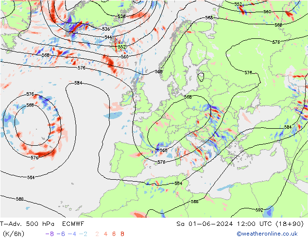 T-Adv. 500 hPa ECMWF sam 01.06.2024 12 UTC