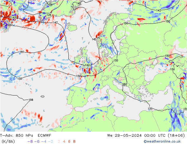 T-Adv. 850 hPa ECMWF mer 29.05.2024 00 UTC