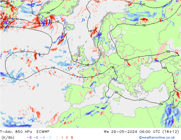 T-Adv. 850 hPa ECMWF Mi 29.05.2024 06 UTC