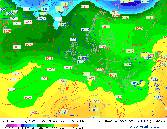 Thck 700-1000 hPa ECMWF mer 29.05.2024 00 UTC