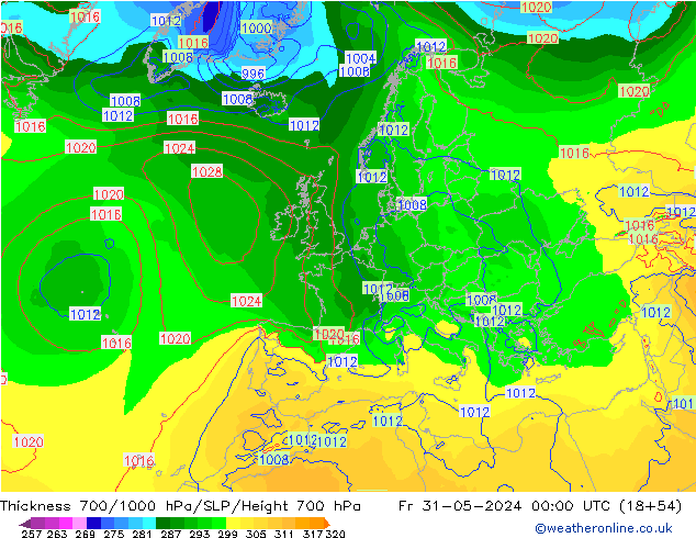 Thck 700-1000 hPa ECMWF Fr 31.05.2024 00 UTC