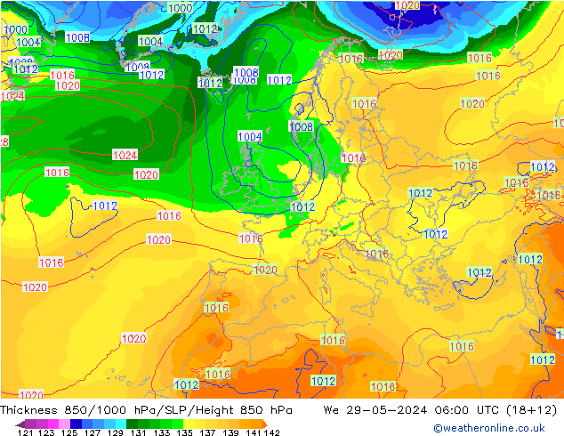 Dikte 850-1000 hPa ECMWF wo 29.05.2024 06 UTC