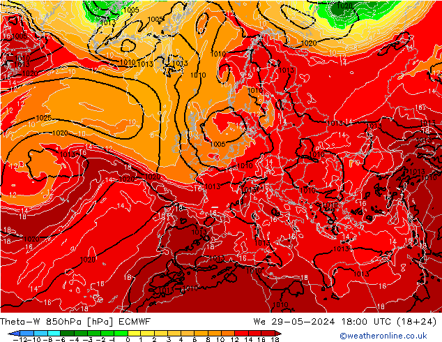 Theta-W 850hPa ECMWF mié 29.05.2024 18 UTC