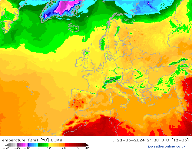 Temperatura (2m) ECMWF Ter 28.05.2024 21 UTC