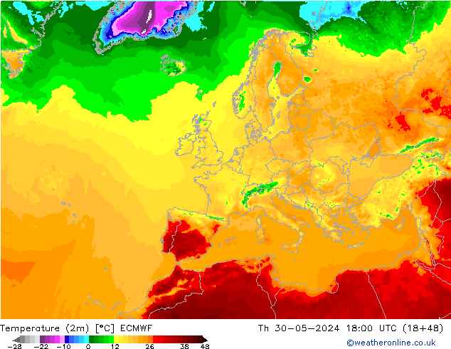 Temperatura (2m) ECMWF jue 30.05.2024 18 UTC