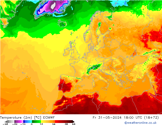 Temperature (2m) ECMWF Fr 31.05.2024 18 UTC