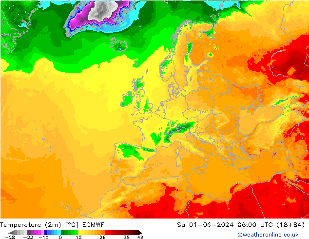 Temperaturkarte (2m) ECMWF Sa 01.06.2024 06 UTC