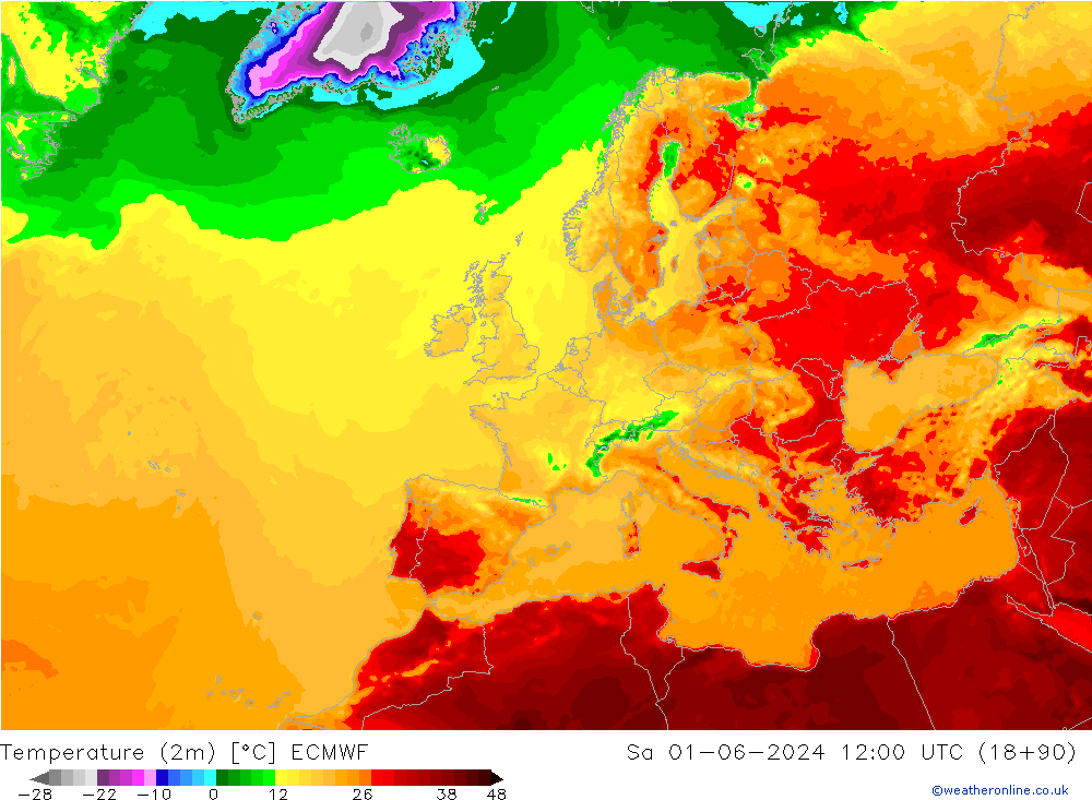 Temperatuurkaart (2m) ECMWF za 01.06.2024 12 UTC