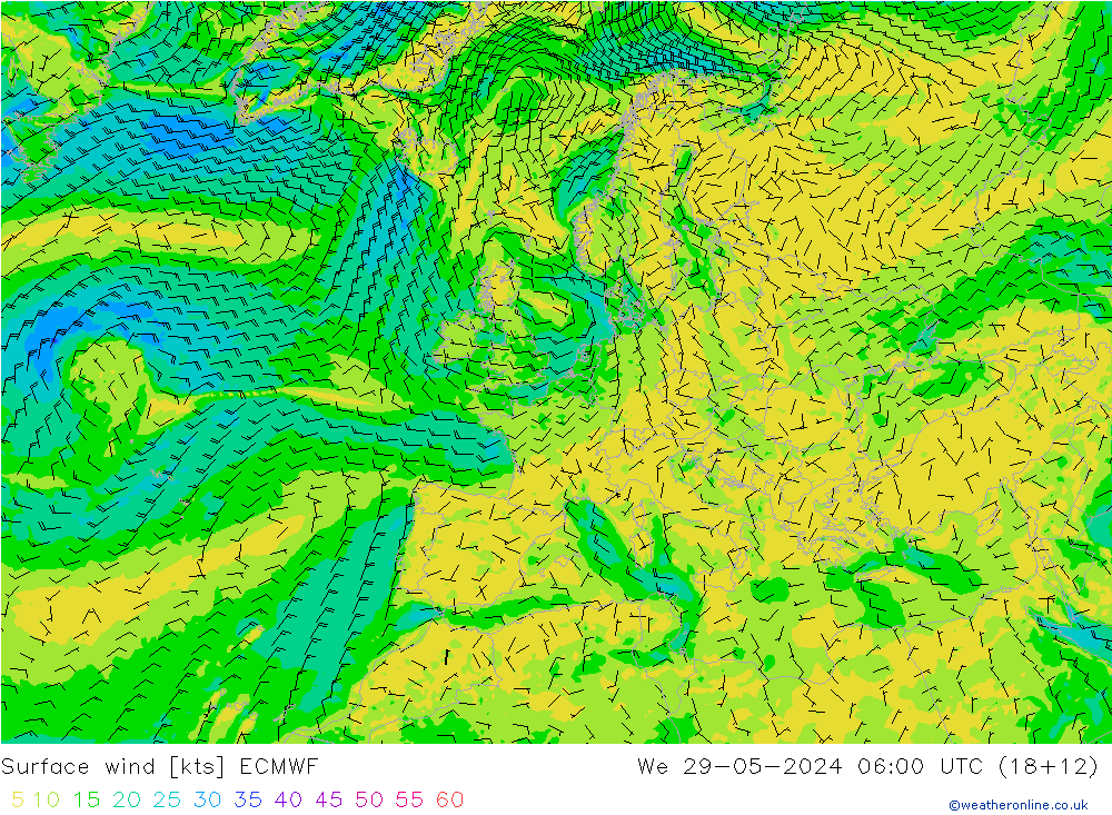 wiatr 10 m ECMWF śro. 29.05.2024 06 UTC