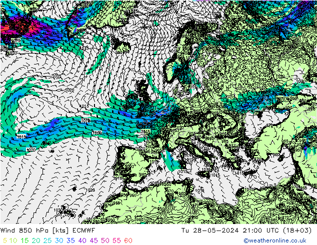 Wind 850 hPa ECMWF Út 28.05.2024 21 UTC