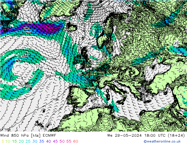Wind 850 hPa ECMWF Mi 29.05.2024 18 UTC