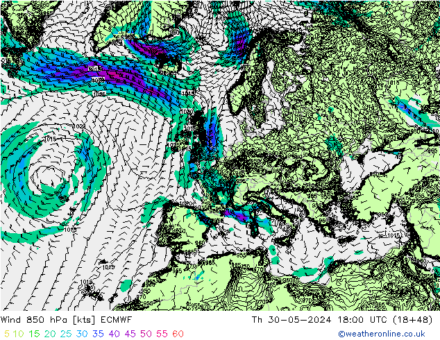 ветер 850 гПа ECMWF чт 30.05.2024 18 UTC