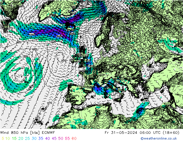 Vento 850 hPa ECMWF ven 31.05.2024 06 UTC