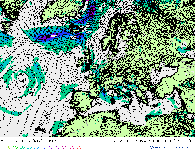 Wind 850 hPa ECMWF Pá 31.05.2024 18 UTC