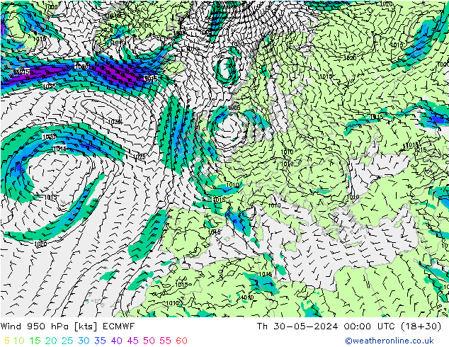 Wind 950 hPa ECMWF Th 30.05.2024 00 UTC