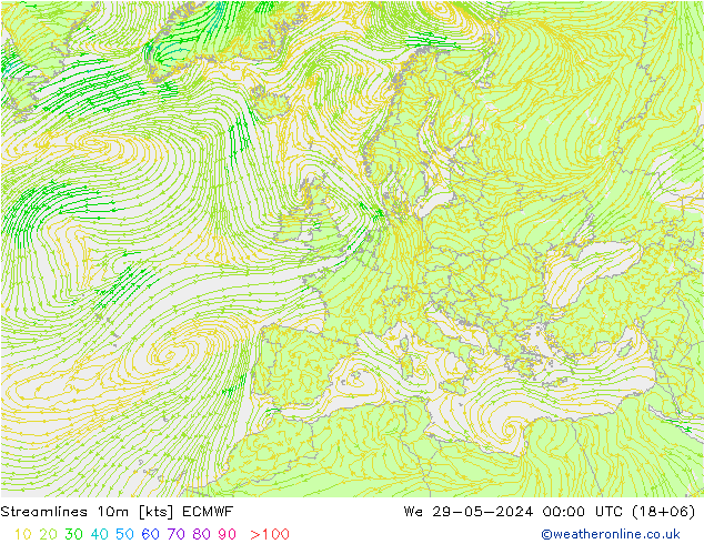 Línea de corriente 10m ECMWF mié 29.05.2024 00 UTC