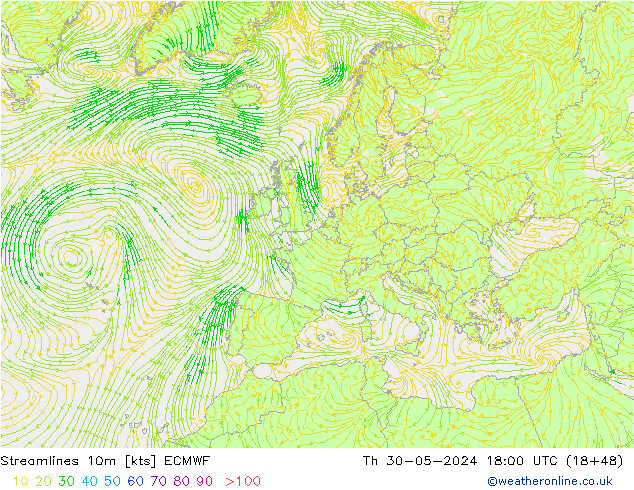 Streamlines 10m ECMWF Th 30.05.2024 18 UTC