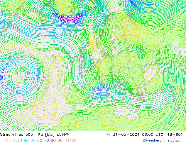 Ligne de courant 500 hPa ECMWF ven 31.05.2024 06 UTC