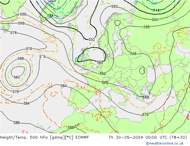 Z500/Rain (+SLP)/Z850 ECMWF Do 30.05.2024 00 UTC
