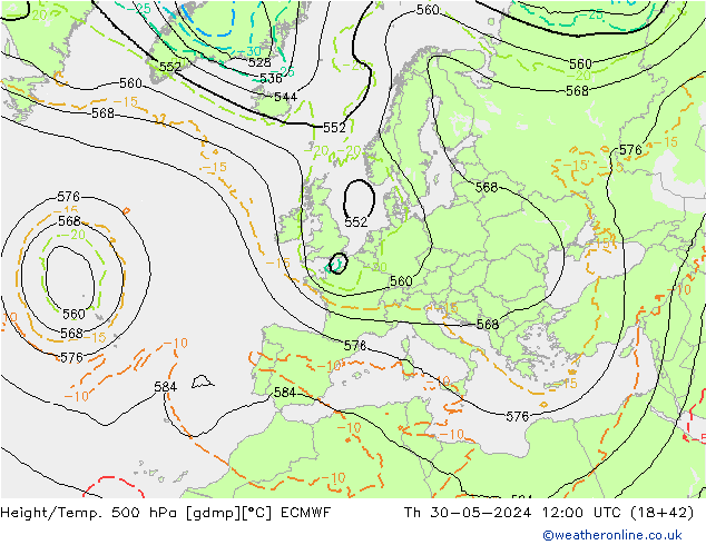 Z500/Rain (+SLP)/Z850 ECMWF Do 30.05.2024 12 UTC