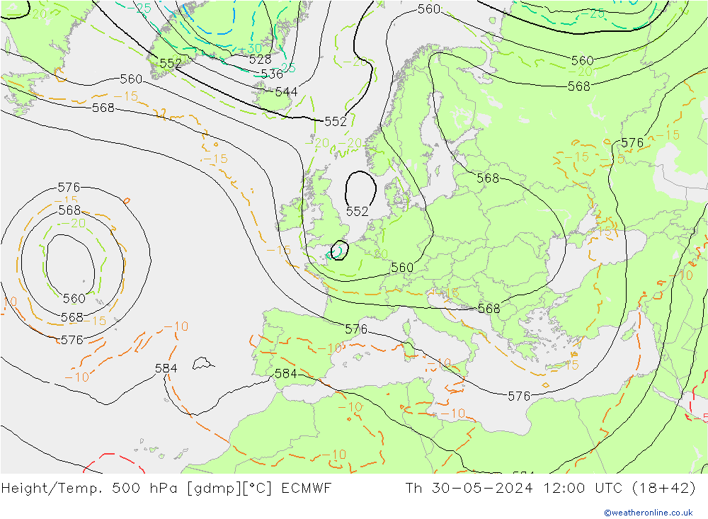 Height/Temp. 500 hPa ECMWF Qui 30.05.2024 12 UTC