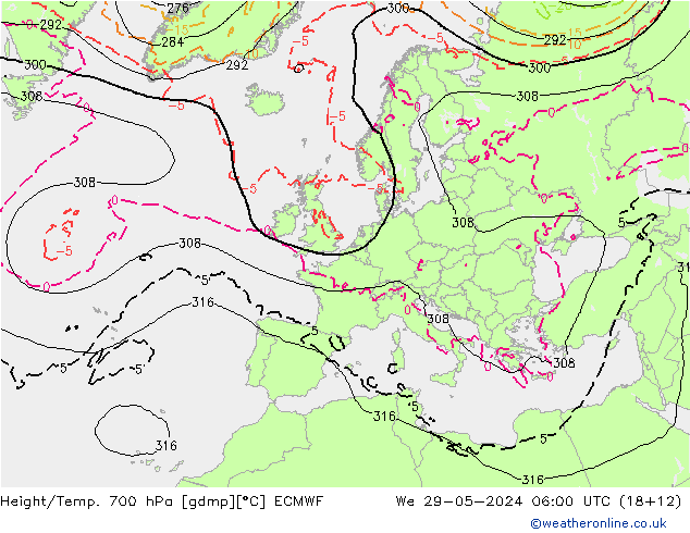 Hoogte/Temp. 700 hPa ECMWF wo 29.05.2024 06 UTC