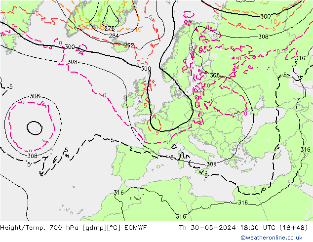 Height/Temp. 700 hPa ECMWF Th 30.05.2024 18 UTC