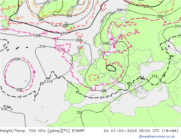 Height/Temp. 700 гПа ECMWF сб 01.06.2024 06 UTC