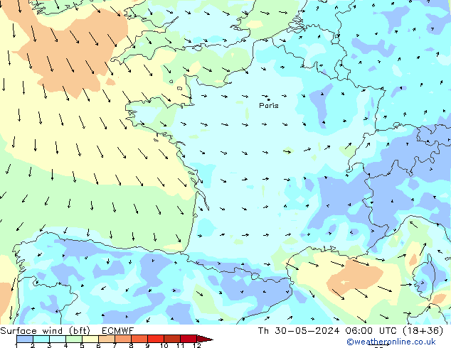 Surface wind (bft) ECMWF Th 30.05.2024 06 UTC