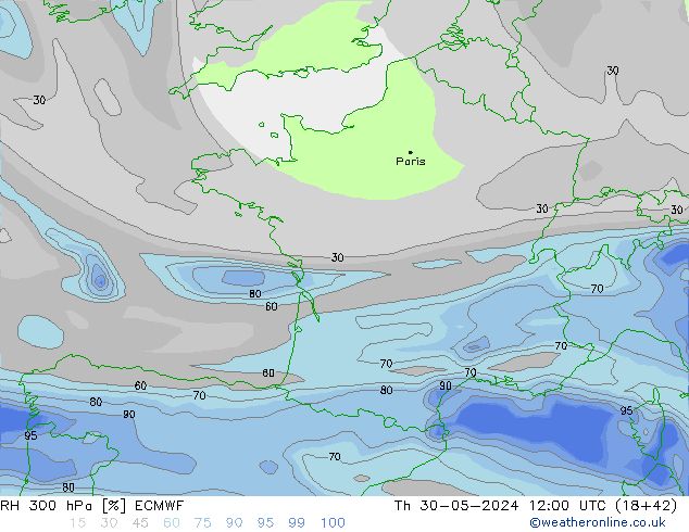 RH 300 hPa ECMWF Th 30.05.2024 12 UTC