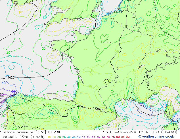 Isotachs (kph) ECMWF Sa 01.06.2024 12 UTC