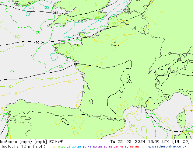 Isotachs (mph) ECMWF Tu 28.05.2024 18 UTC