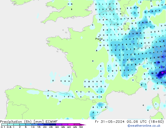 Totale neerslag (6h) ECMWF vr 31.05.2024 06 UTC