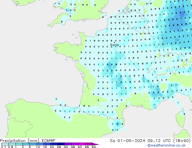 Srážky ECMWF So 01.06.2024 12 UTC