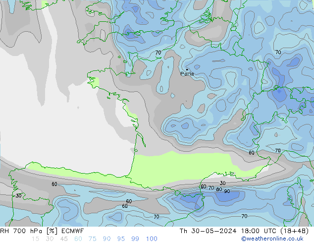 RH 700 hPa ECMWF Čt 30.05.2024 18 UTC