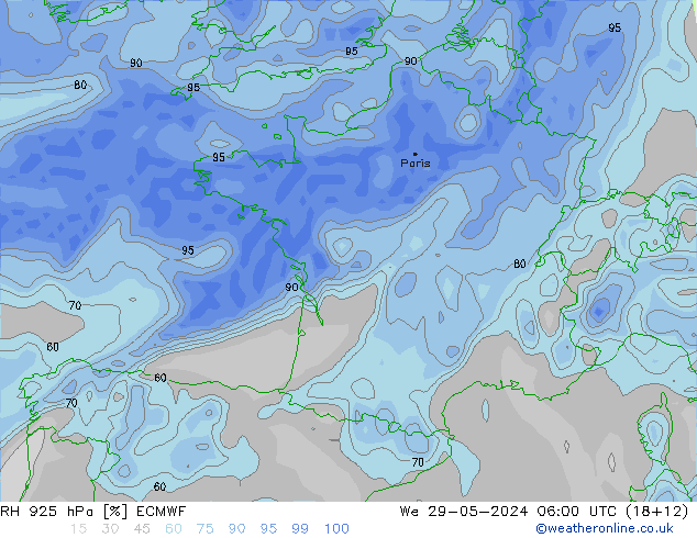 Humidité rel. 925 hPa ECMWF mer 29.05.2024 06 UTC