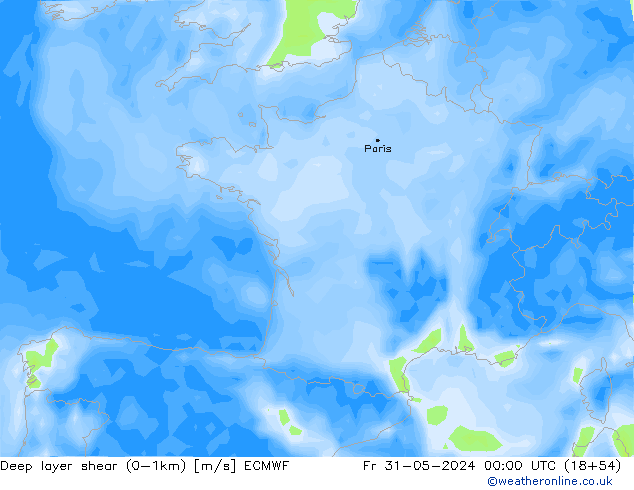 Deep layer shear (0-1km) ECMWF pt. 31.05.2024 00 UTC