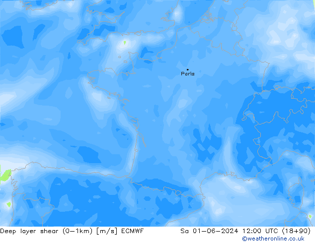 Deep layer shear (0-1km) ECMWF Sa 01.06.2024 12 UTC