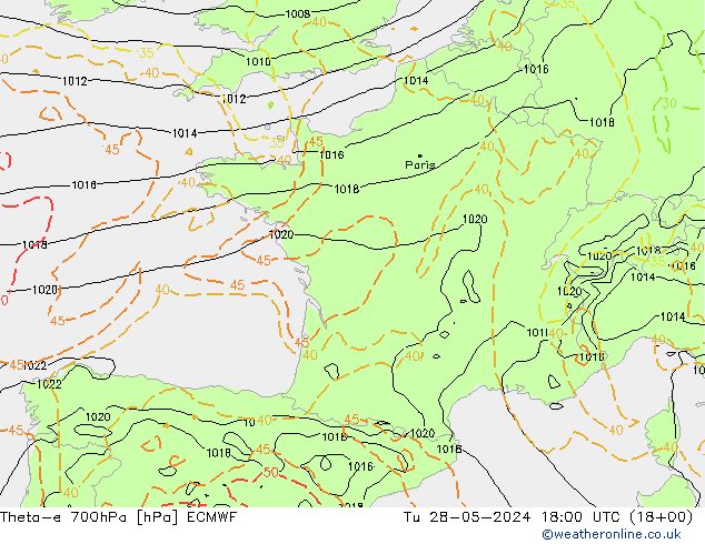 Theta-e 700hPa ECMWF  28.05.2024 18 UTC