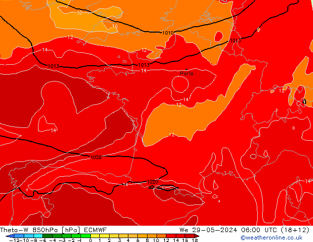 Theta-W 850hPa ECMWF mer 29.05.2024 06 UTC