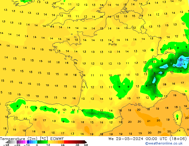 Temperatura (2m) ECMWF mer 29.05.2024 00 UTC