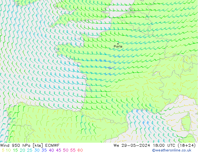 Vento 950 hPa ECMWF Qua 29.05.2024 18 UTC