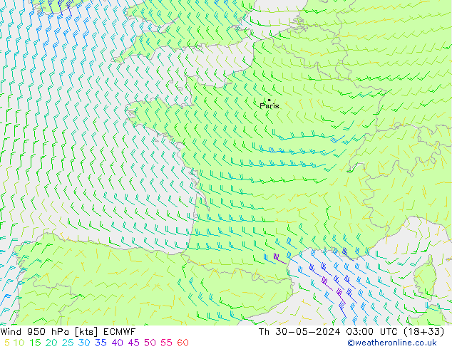 ветер 950 гПа ECMWF чт 30.05.2024 03 UTC