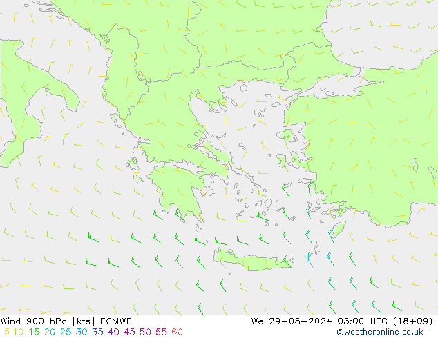 Vento 900 hPa ECMWF mer 29.05.2024 03 UTC