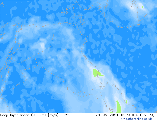 Deep layer shear (0-1km) ECMWF wto. 28.05.2024 18 UTC
