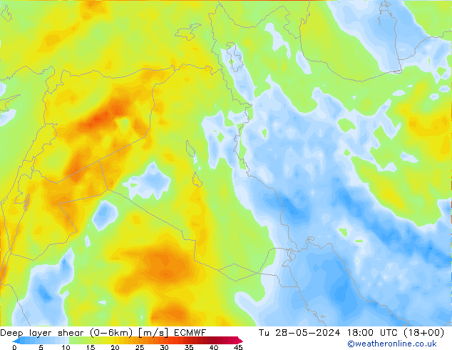 Deep layer shear (0-6km) ECMWF Tu 28.05.2024 18 UTC