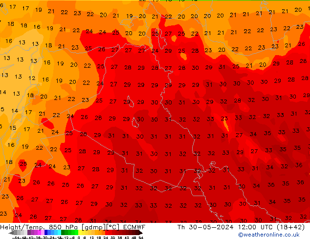 Height/Temp. 850 hPa ECMWF Th 30.05.2024 12 UTC