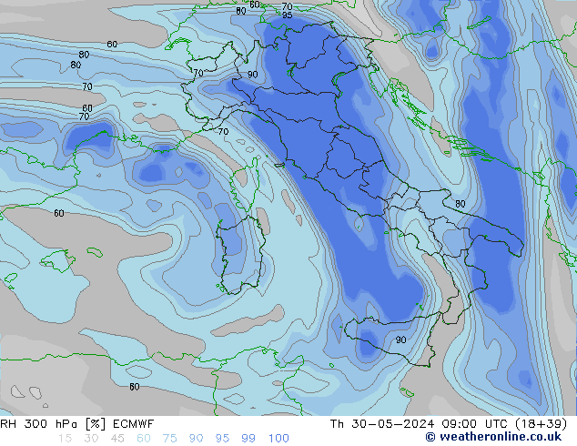 RH 300 гПа ECMWF чт 30.05.2024 09 UTC