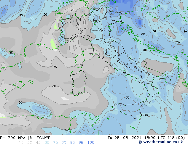 RH 700 hPa ECMWF Tu 28.05.2024 18 UTC