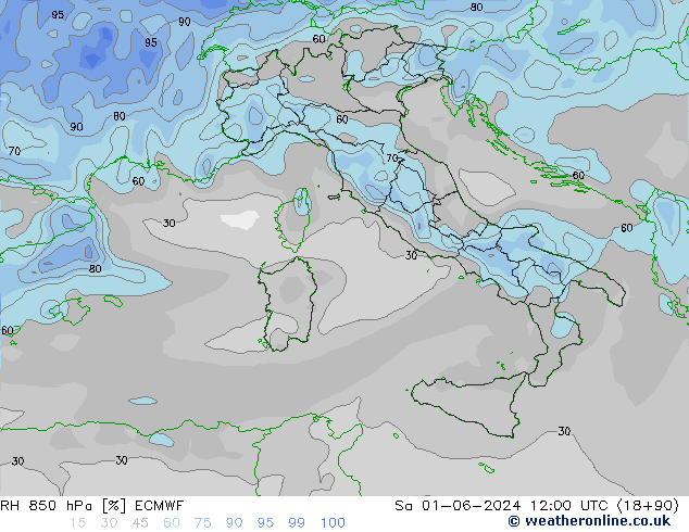 RH 850 hPa ECMWF sab 01.06.2024 12 UTC